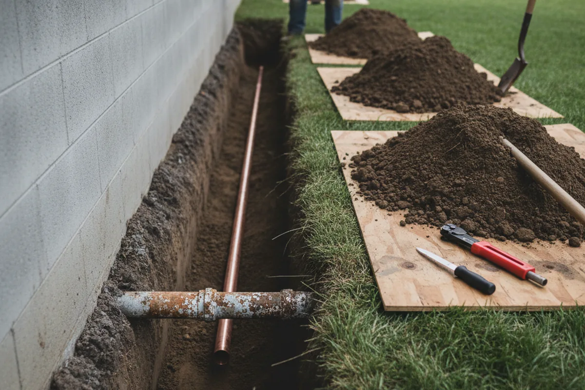 Excavated water line trench during Sewer Line Repair in Lane